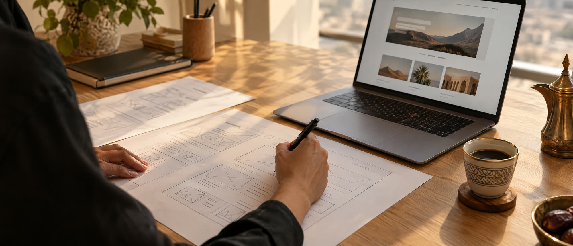 Designer sketching website wireframes next to a laptop
